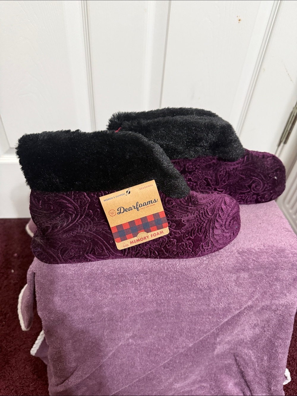 dearfoams Purple Embossed Plush Memory Foam Slipper Booties with Black Cuff